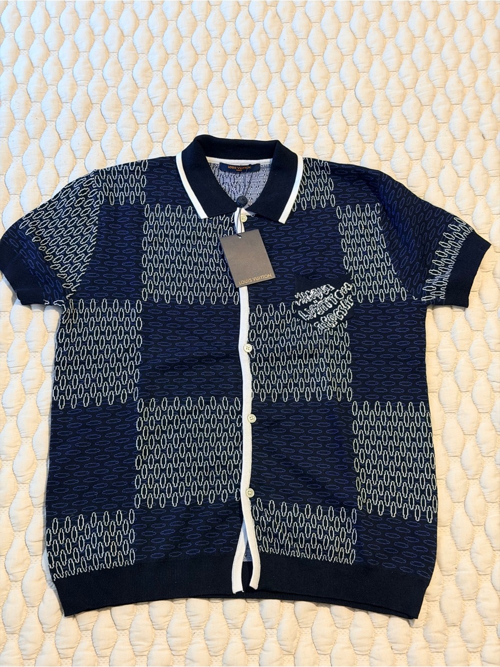 Louis Vuitton Navy & White Knit Polo Cardigan with Geometric Pattern